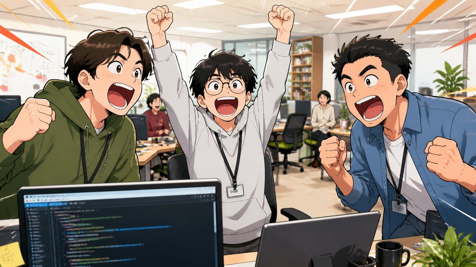Web系スタートアップのオープンオフィスで歓声を上げる若手エンジニア3名、開発成果に喜ぶ表情