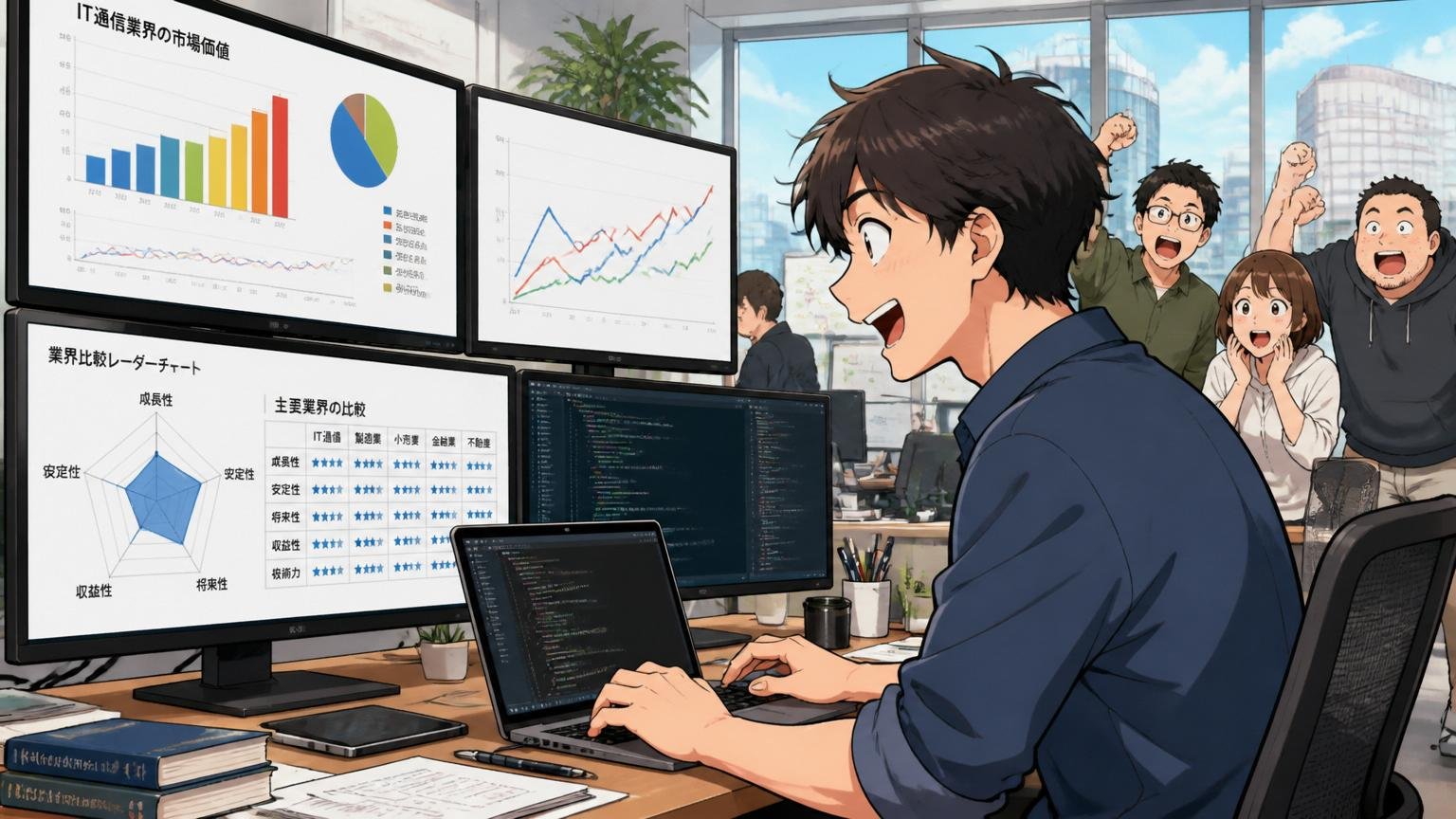IT通信業界の市場価値と比較 渋谷の自社開発オフィスで複数のディスプレイを使うWeb系エンジニア