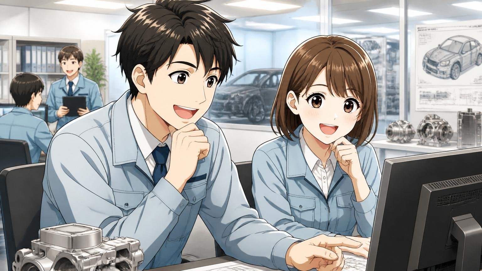 デンソー子会社という安定性をどう評価するか 自動車部品メーカーのオフィスで安心した表情で働く男女2人