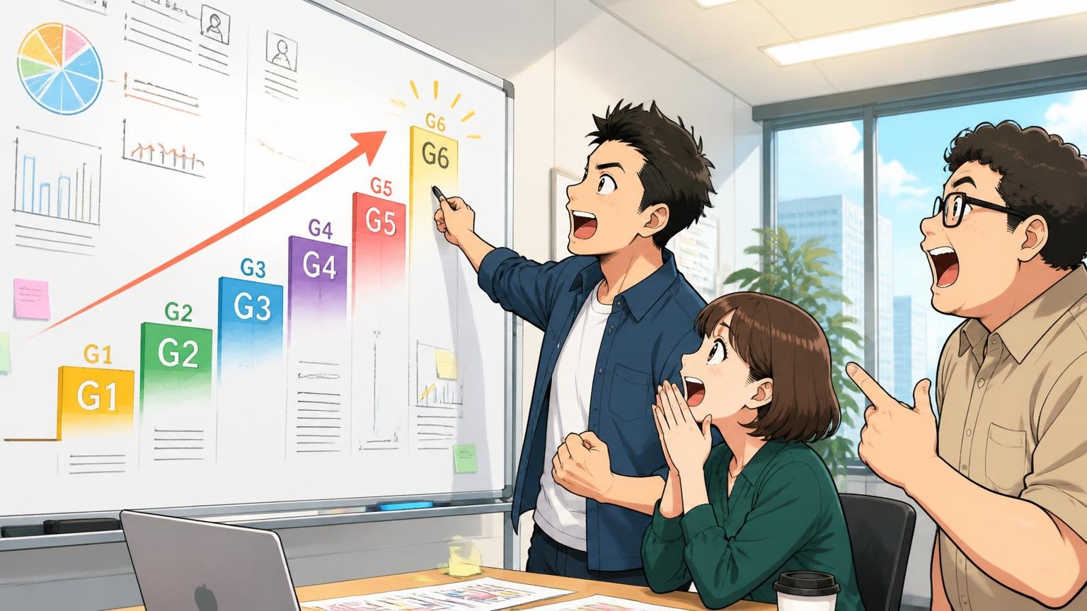 グレード制G1からG6。デジタル広告会社の会議室でホワイトボードを見る男女3人