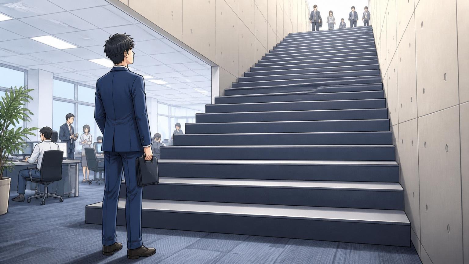 ジョブグレード制と昇進の壁。IT企業のオフィスで30代男性社員1人が階段の前で見上げて立ち尽くす