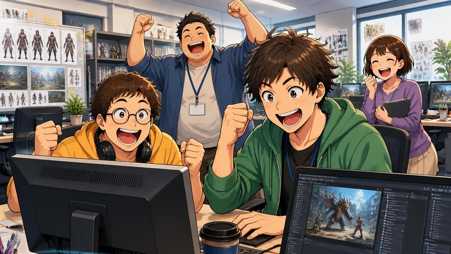 ゲーム開発スタジオのオフィスで有名タイトルの開発にやりがいを感じ笑顔で働くエンジニアたち