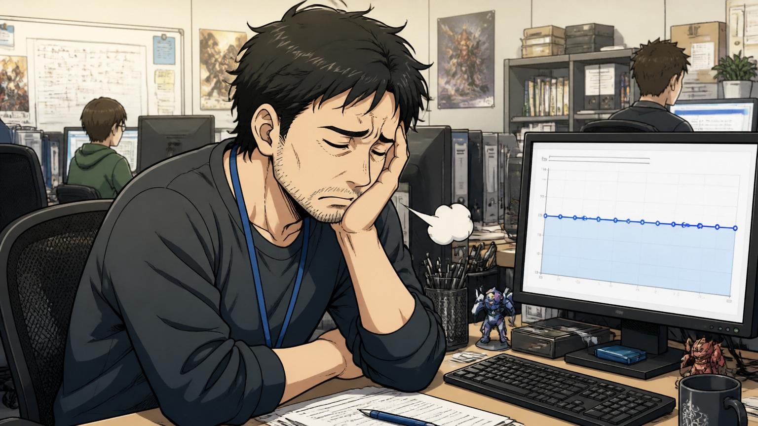 ゲーム会社のオフィスの自席でほぼ横ばいの昇給グラフを前に肩を落としてため息をつく30代後半のベテラン社員1人