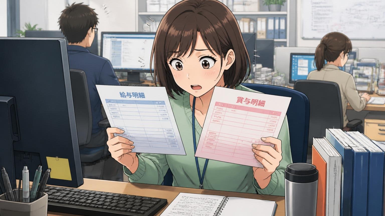 月給低め賞与厚めという給与の形。SIerの自席で給与明細と賞与明細を見比べる30代女性エンジニア1人