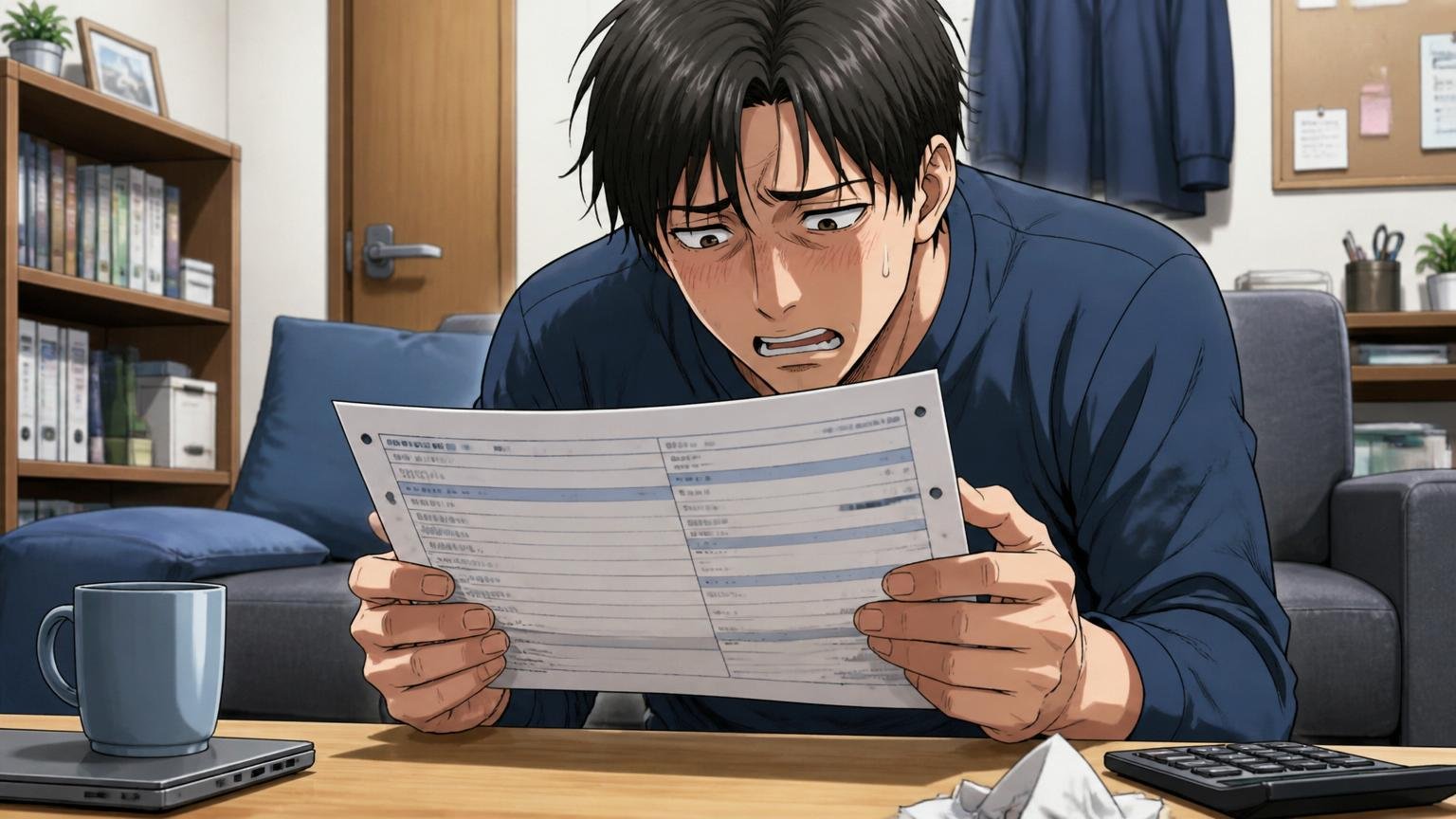昇給ペースが遅く頑張っても数千円。自宅で男性エンジニアが給与明細を見て肩を落とす