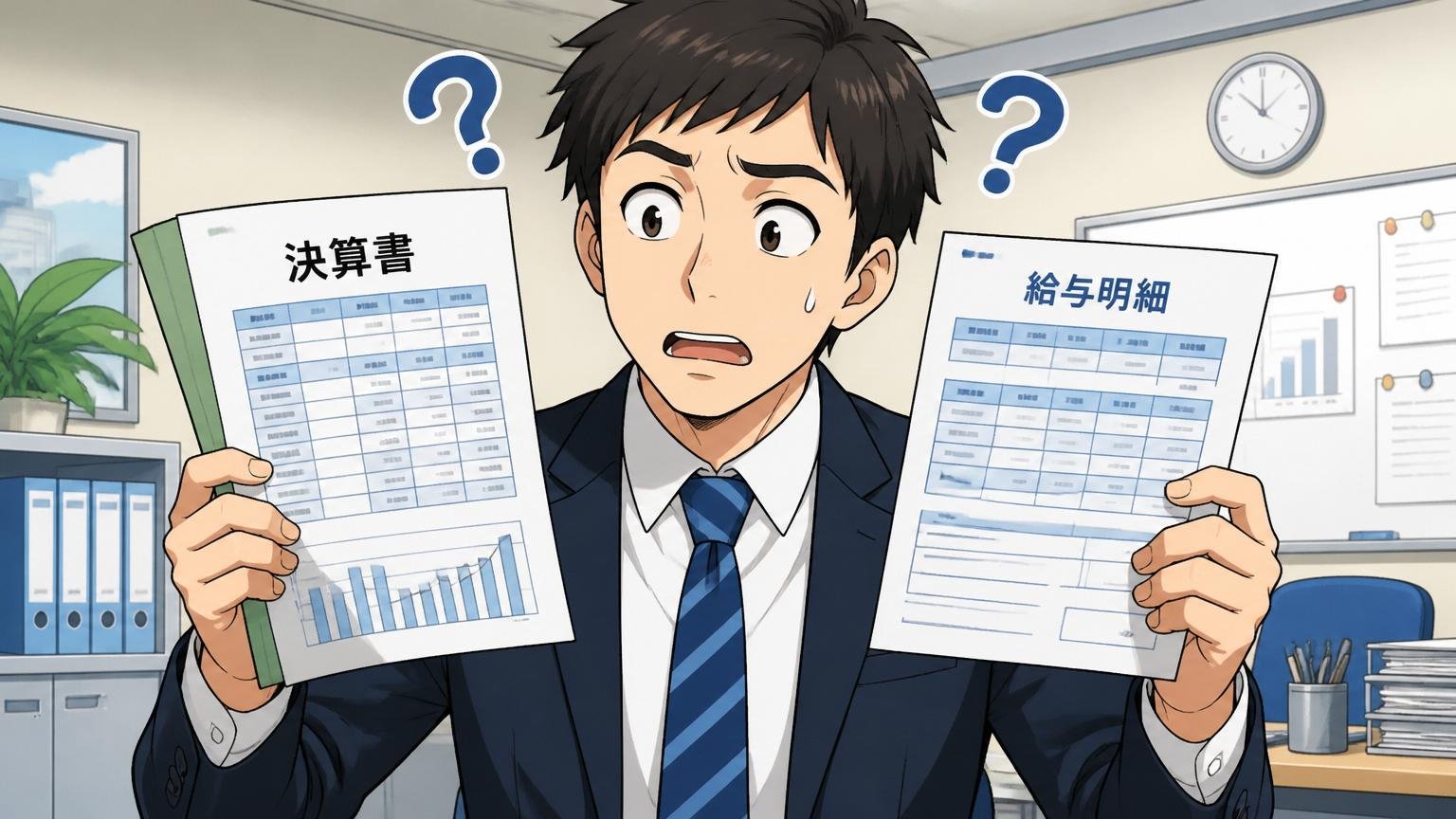 会社の決算と個人の年収はつながっていない。決算書と給与明細を両手に見比べて首をかしげる男性会社員1人