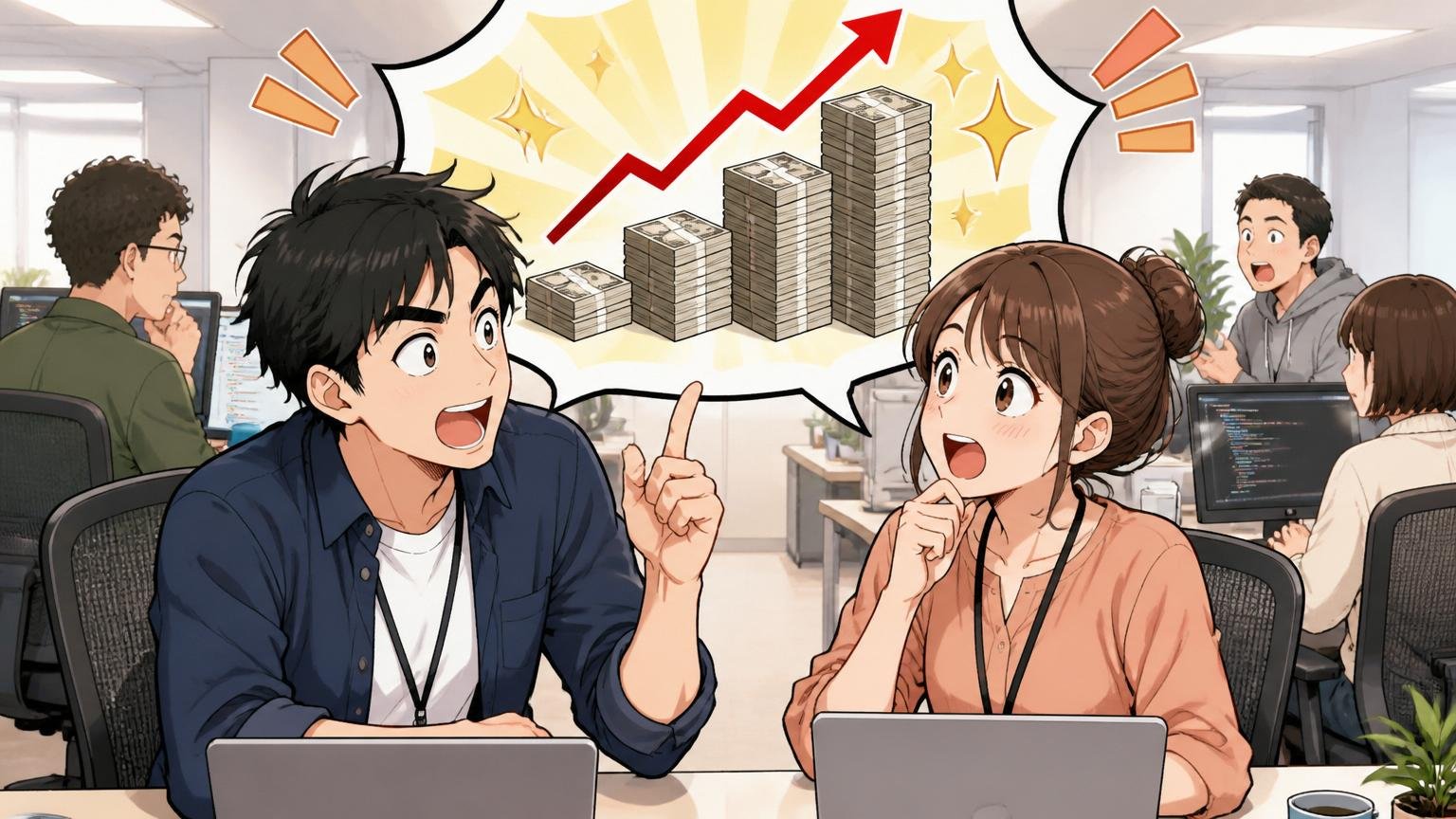 同じスキルのエンジニアの市場価値。Web系企業のオフィスで男女のエンジニアが年収相場について話し合う