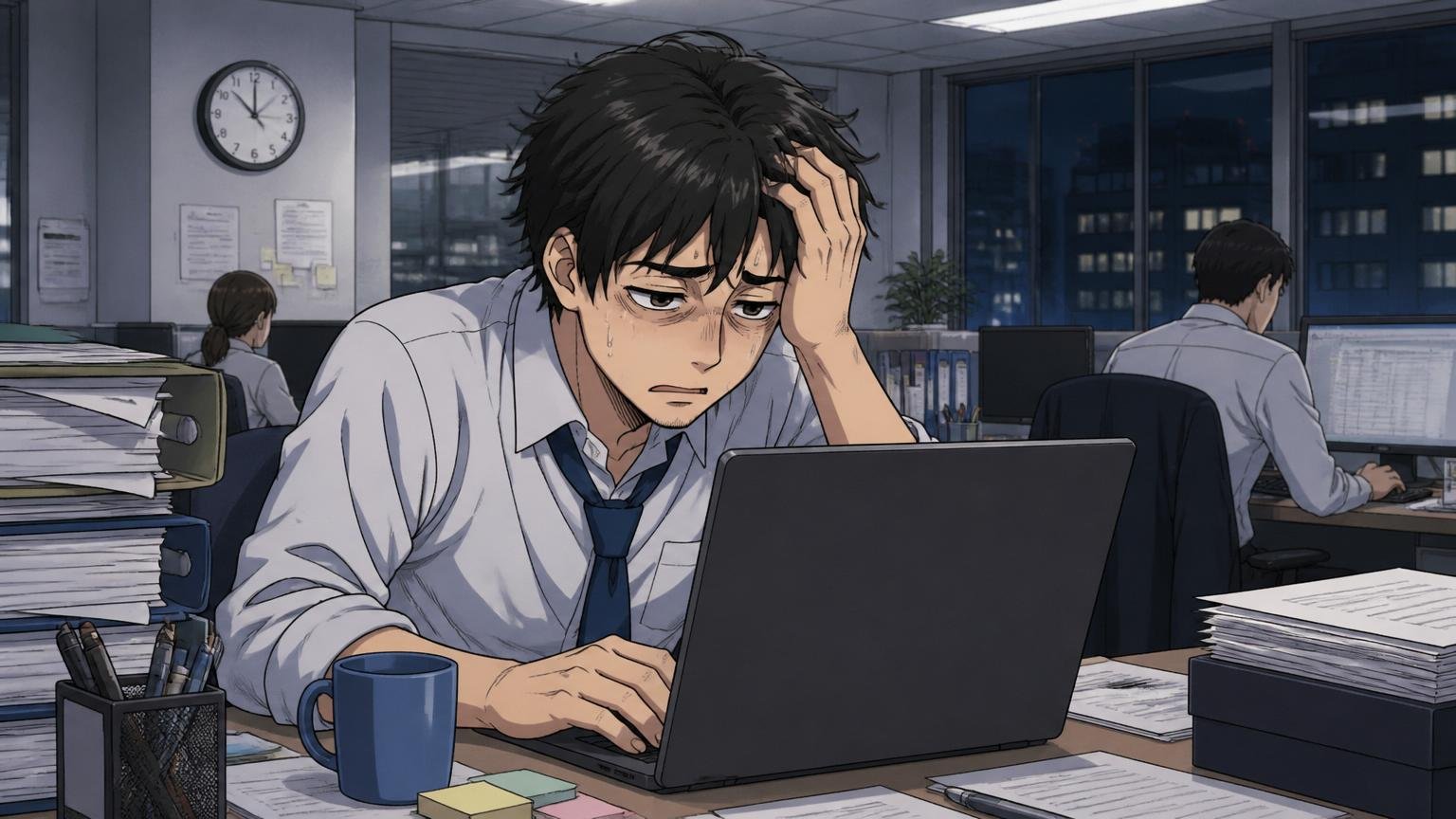 みなし残業でどれだけ残業しても時給は増えない。深夜のオフィスで疲れた表情でPCに向かう男性社員