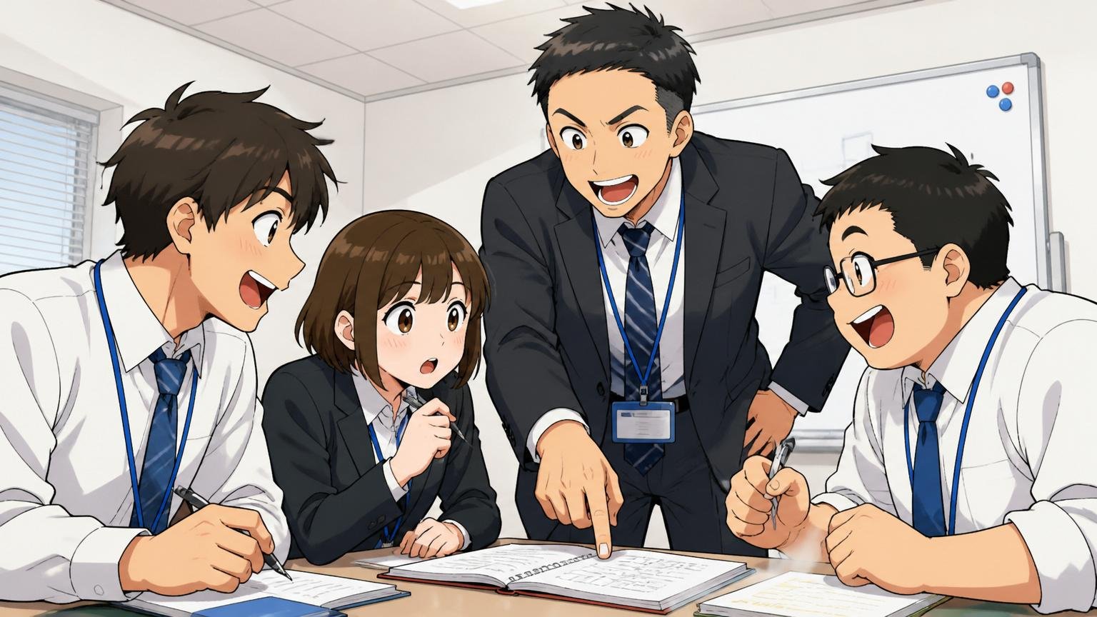 残って経験を積むのが正解の人。研修ルームで先輩社員に教わりながら学ぶ20代の若手社員3人