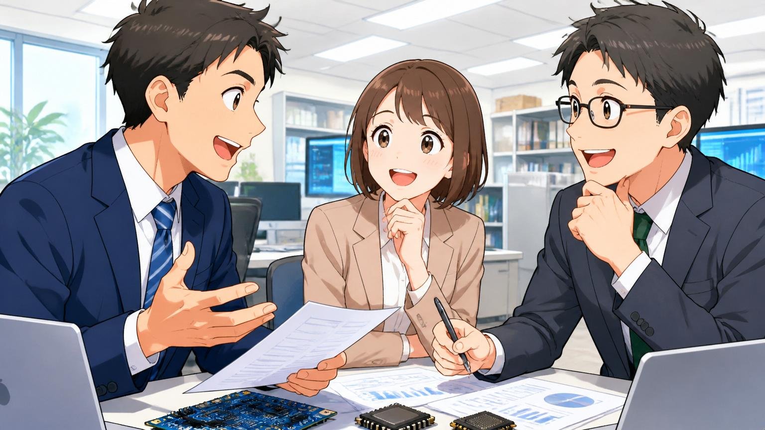 賞与は大きいという声もある両論。半導体商社のオフィスで前向きに話し合う男女の社員3人の明るい表情