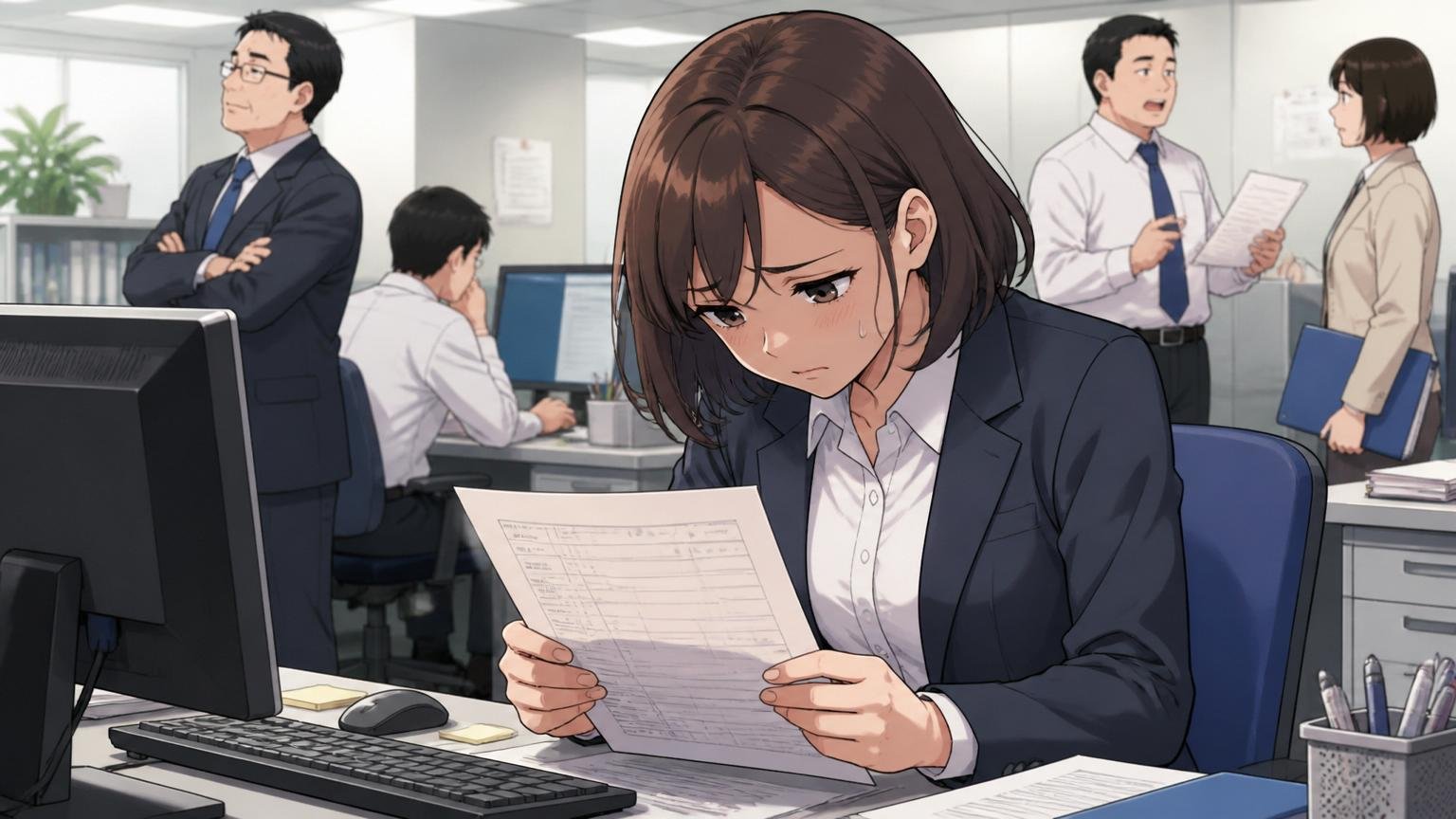 年功序列と相対評価で頑張りが反映されにくい SIerオフィスで人事評価シートを見て肩を落とす30代女性社員1人