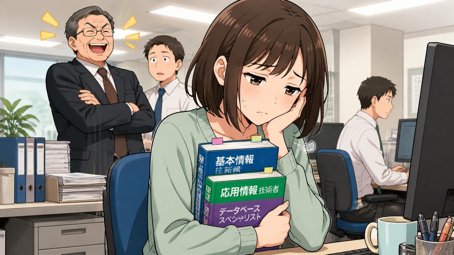 年功序列で若手のうちは年収が伸びにくい。SIerのオフィスで20代女性エンジニアが資格本を抱えてため息