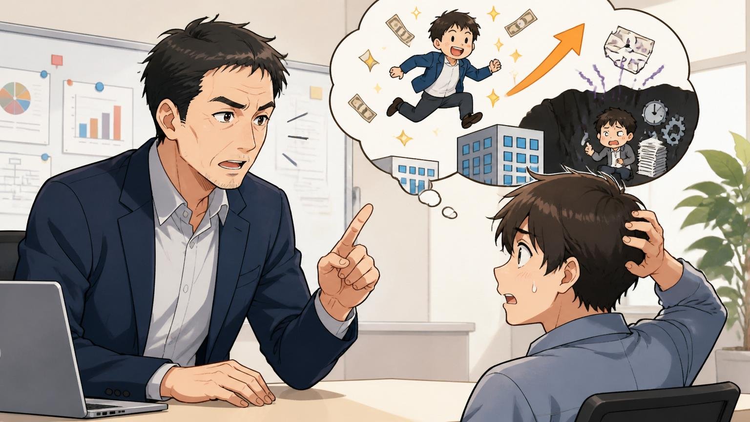 他社に移れば上がると単純に考えてはいけない理由。企業の会議室で40代男性が若手エンジニアに落ち着いて注意を促す