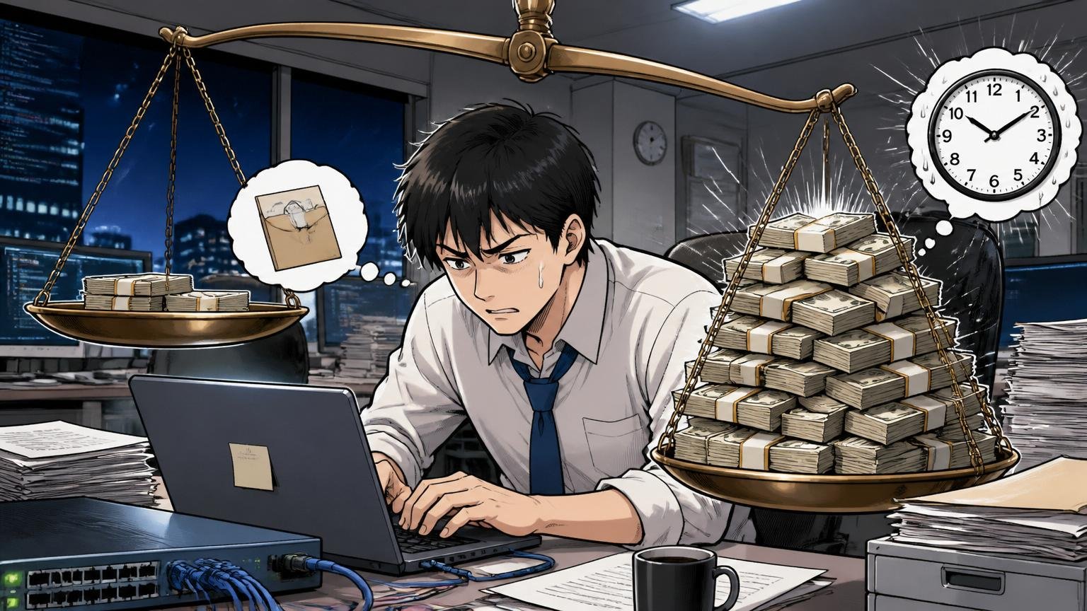 「基本給の弱さを残業代で埋める構造」夜のSIerオフィスで一人残業するインフラエンジニアの男性