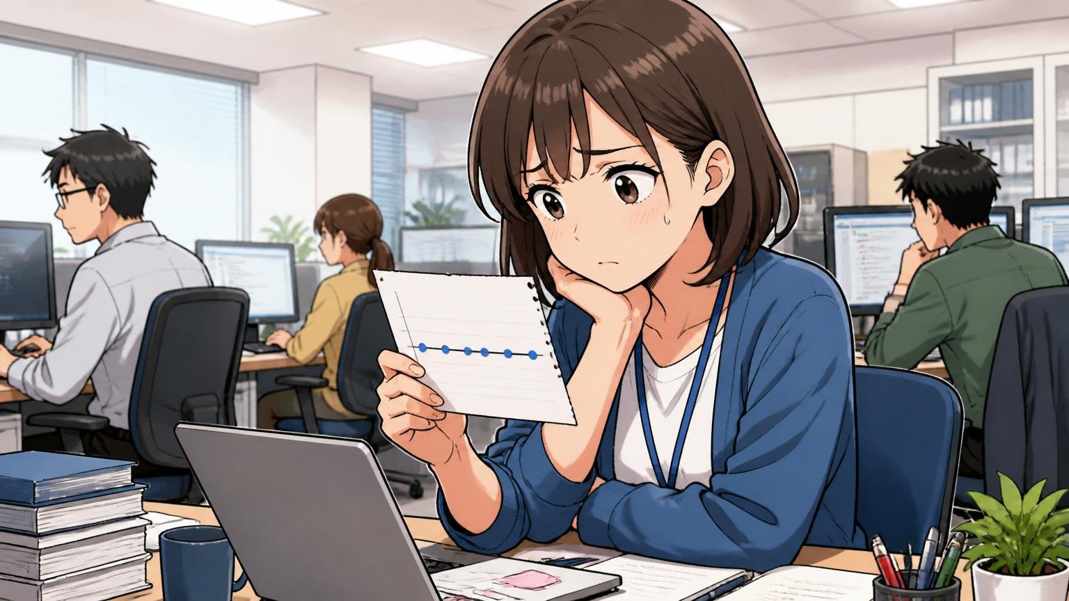上がり方が止まっているタイプ。SIerのオフィスで女性エンジニアが横ばいの年収推移メモを見つめる