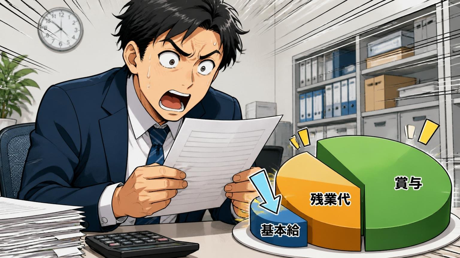 基本給が低く残業代と賞与でできた年収。デスクで30代男性社員が給与の内訳に気づき驚く