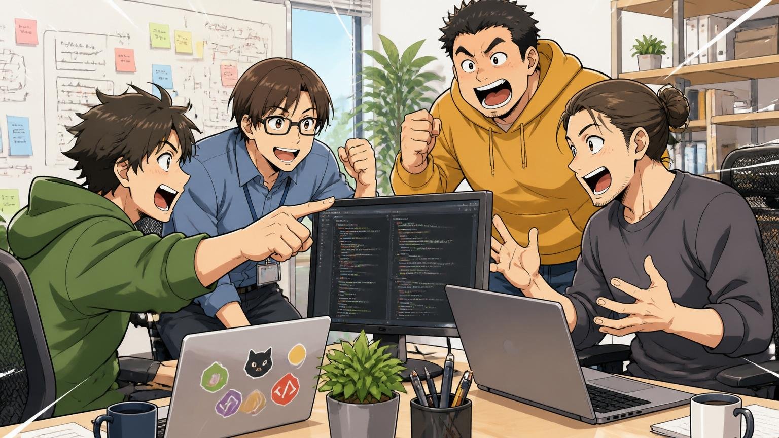自社開発SaaS企業のオフィス:Web系スタートアップで4人のエンジニアが活気あふれる雰囲気で議論する