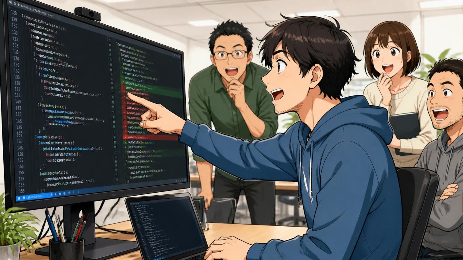 自社開発Web企業のオフィスで30代男性エンジニアが大型モニターでコードレビューを受けながら指で画面を指す場面