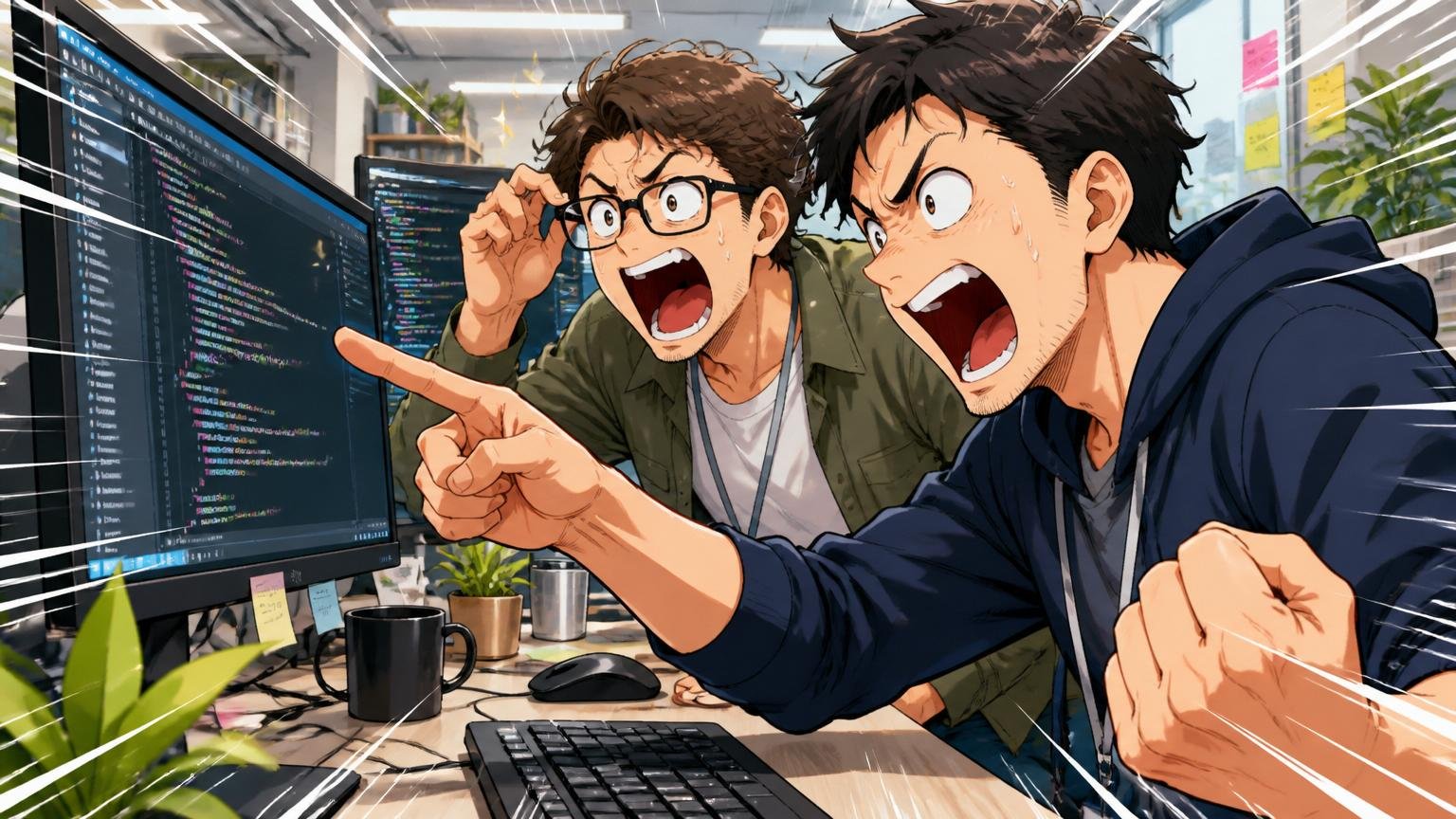 Web系スタートアップのオフィスで複数モニターを前にコードレビューする30代男性エンジニア2人。技術スタックへの集中をオーバーリアクションで表現