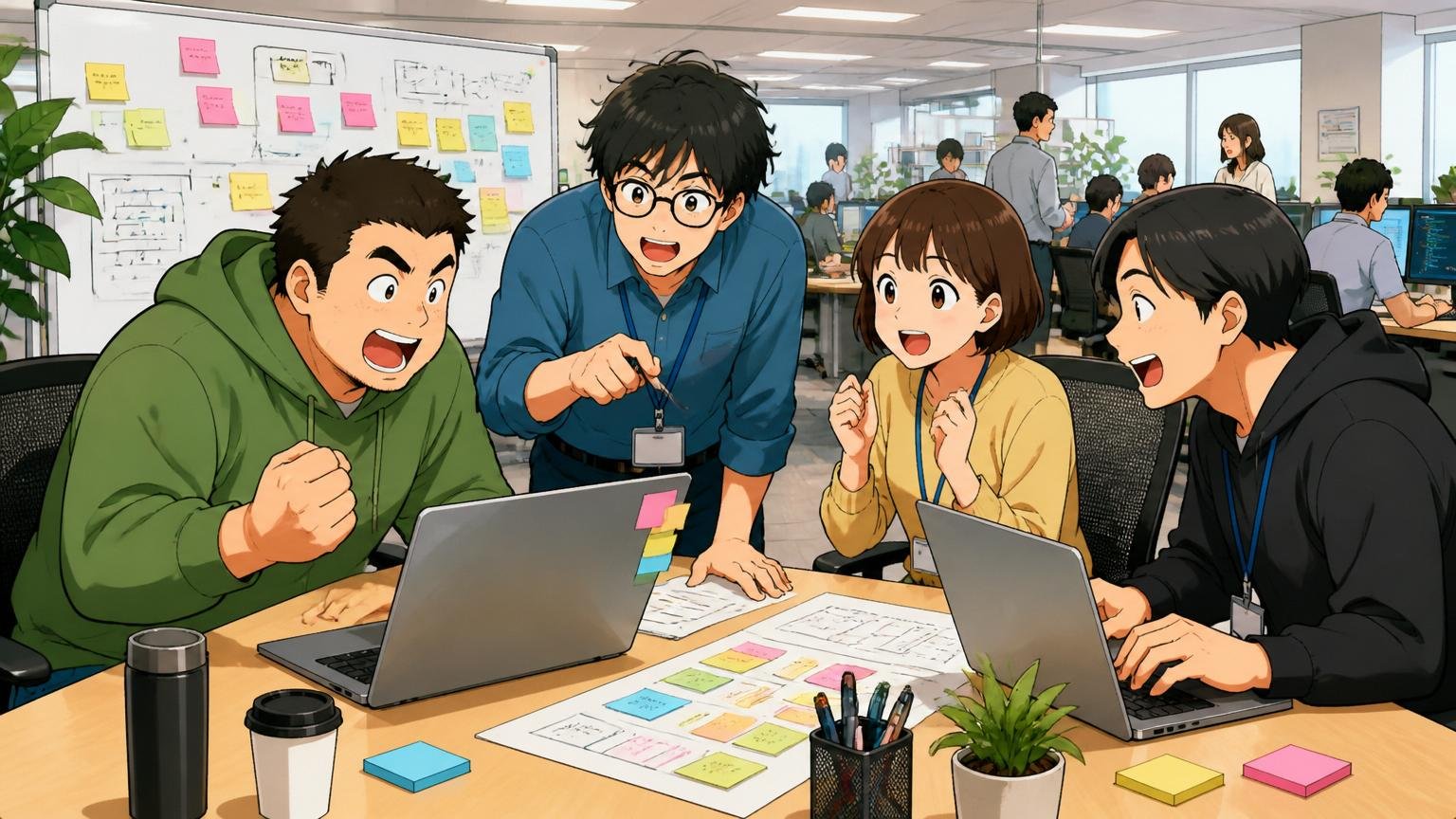メガベンチャー企業のフリーアドレスオフィスでスクラム開発を行う4人のエンジニアチーム