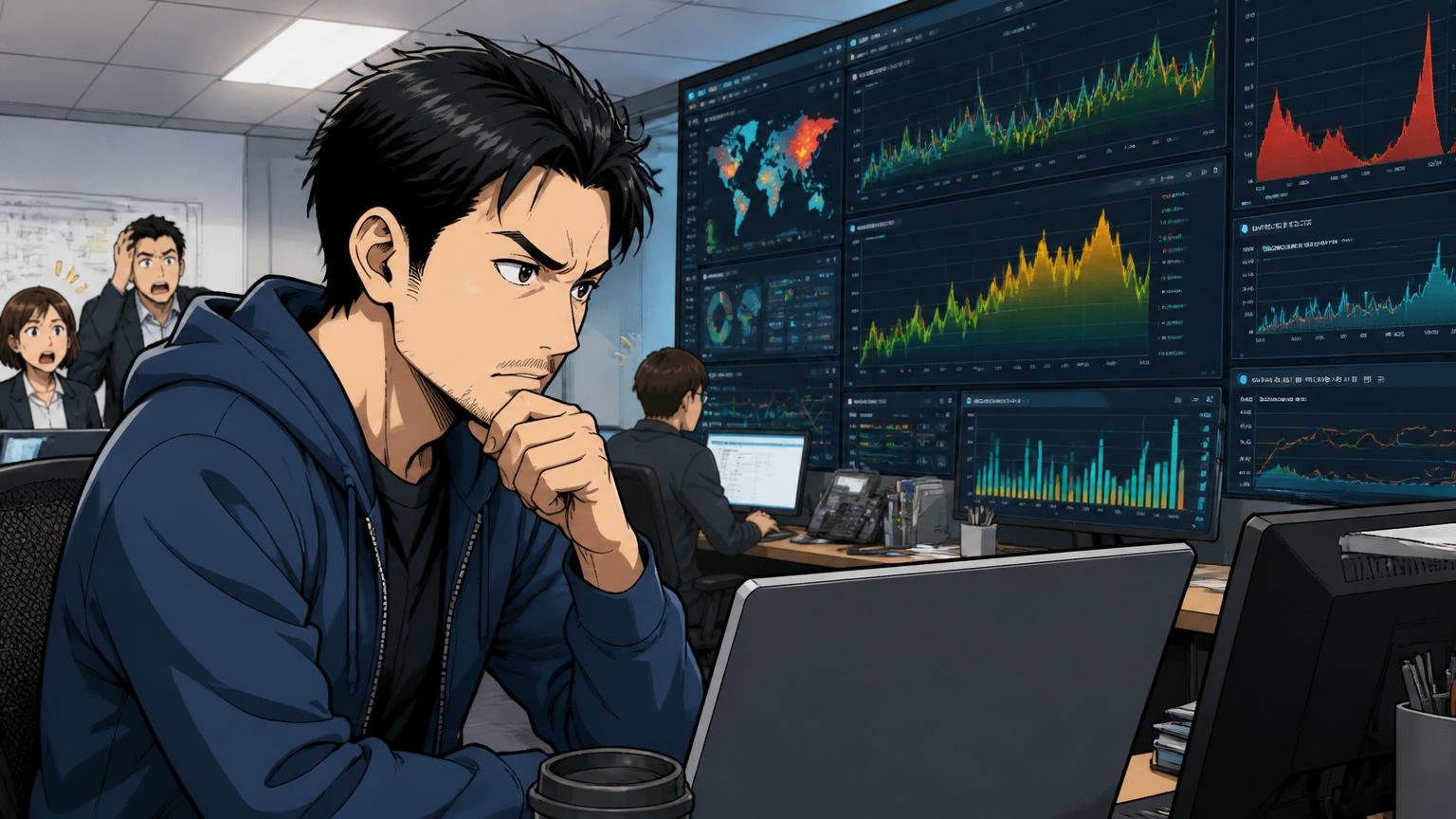 資産②大規模Webサービスのスケール経験。Web系メガベンチャーのインフラエンジニアの席で、30代男性SREが大型ディスプレイのトラフィック監視ダッシュボードを真剣な表情で凝視している