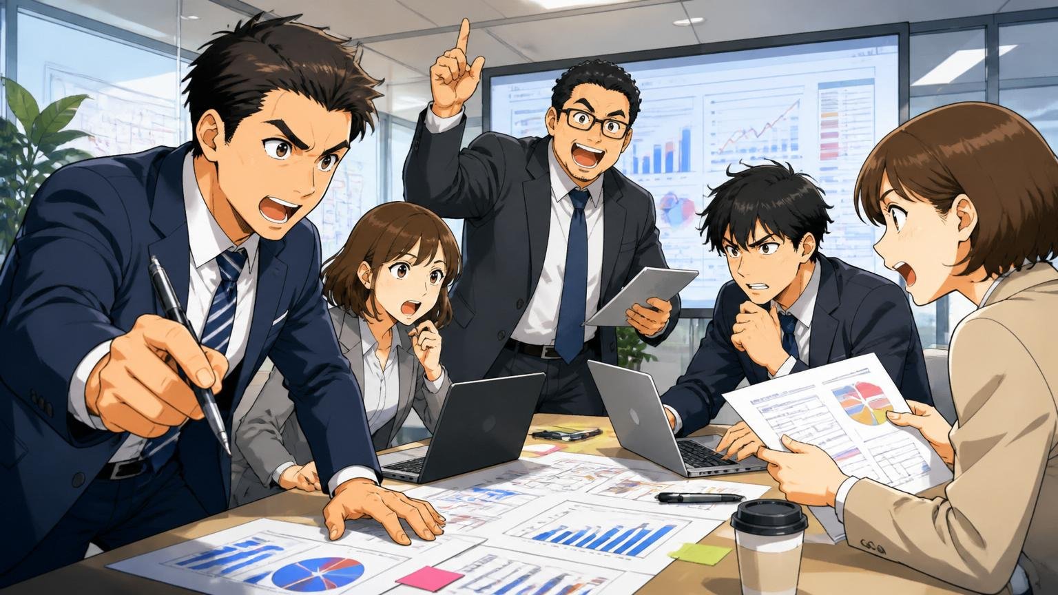 上流SIer・ITコンサル。ビジネス志向×年収重視。ITコンサルティングファームの会議室で5人のコンサルタントがクライアント向け提案資料を作成している