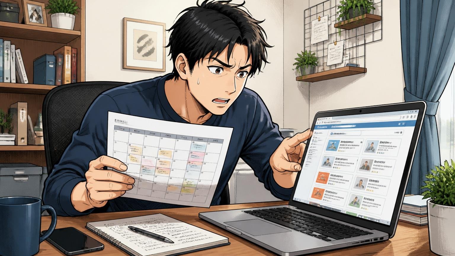 自宅のデスクで在宅勤務をしながら転職サイトとカレンダーを見比べる30代エンジニア1名