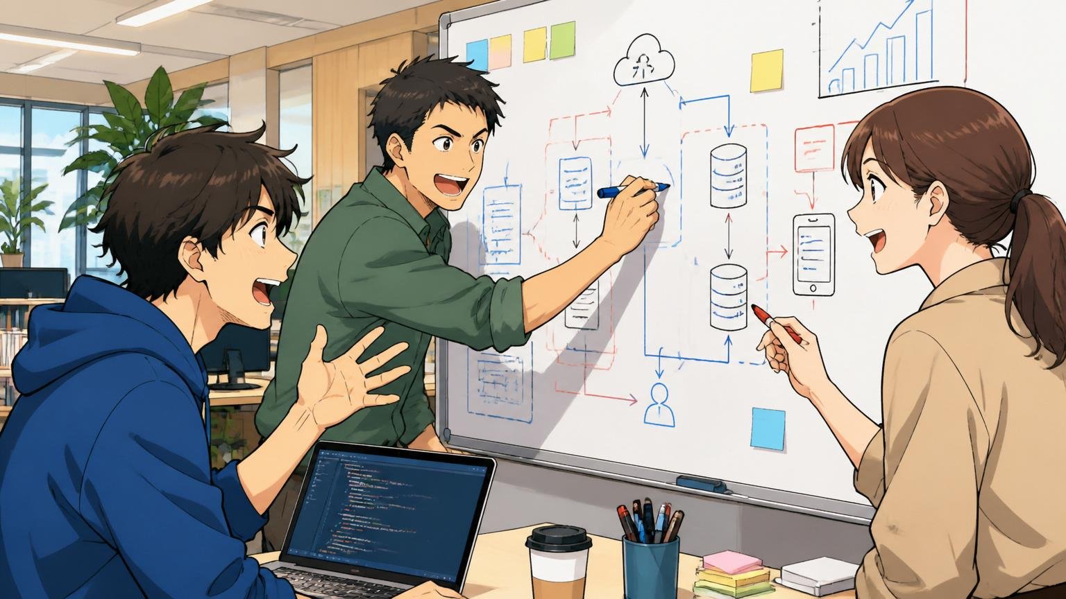 自社開発・SaaSへの転職を検討するWeb系スタートアップのオフィスで20代後半男性エンジニア2人と30代女性PMがホワイトボードに設計図を描く