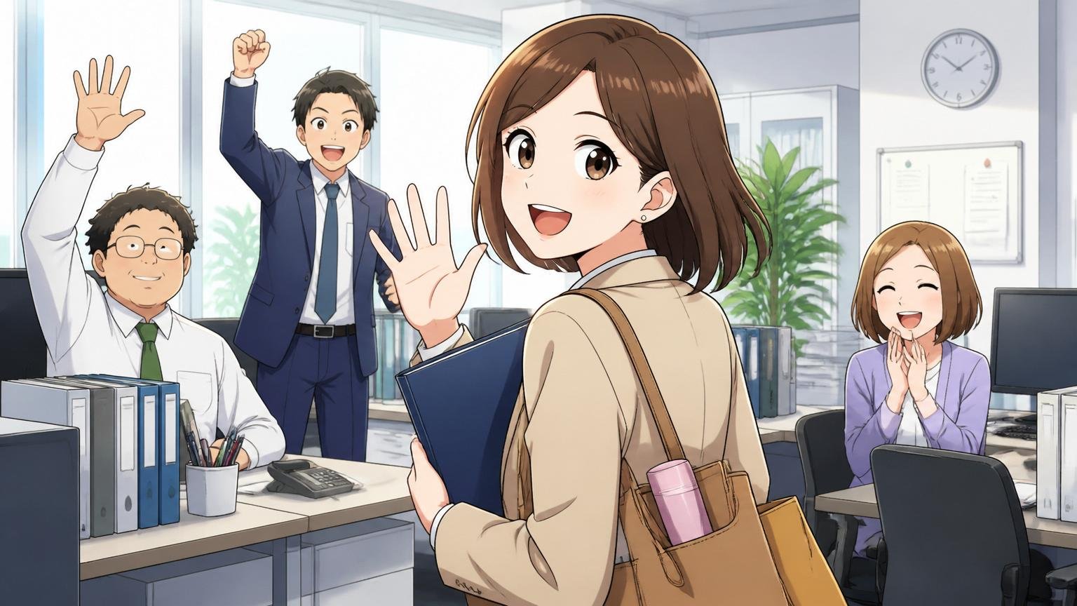 ワークライフバランスと福利厚生。企業のオフィスで30代女性が定時で退社準備をしながら笑顔で同僚に挨拶する明るい場面