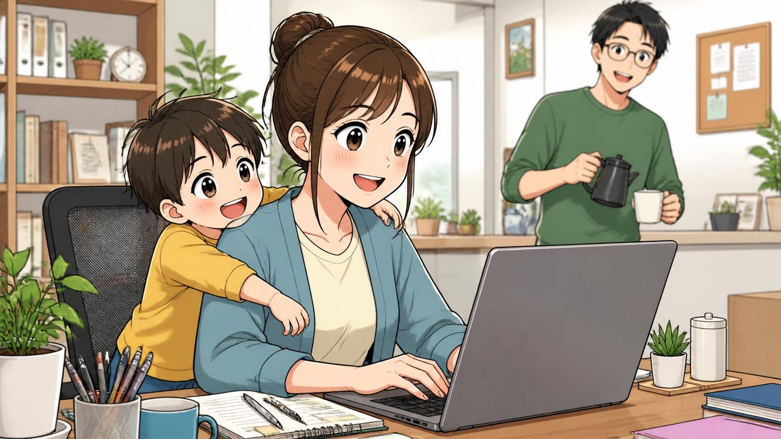 ワークライフバランスの良さ｜自宅のデスクでリモートワークをしながら子供と過ごす30代女性エンジニア1人と家族の穏やかな表情