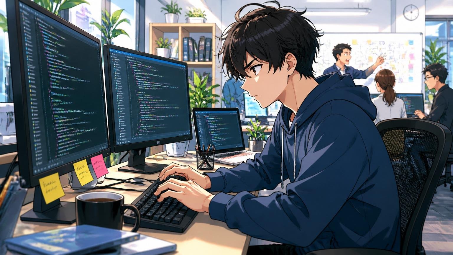 メガベンチャー自社開発企業への転職。Web系スタートアップのオフィスで複数モニターでコードを書く20代男性エンジニア1人、集中する姿