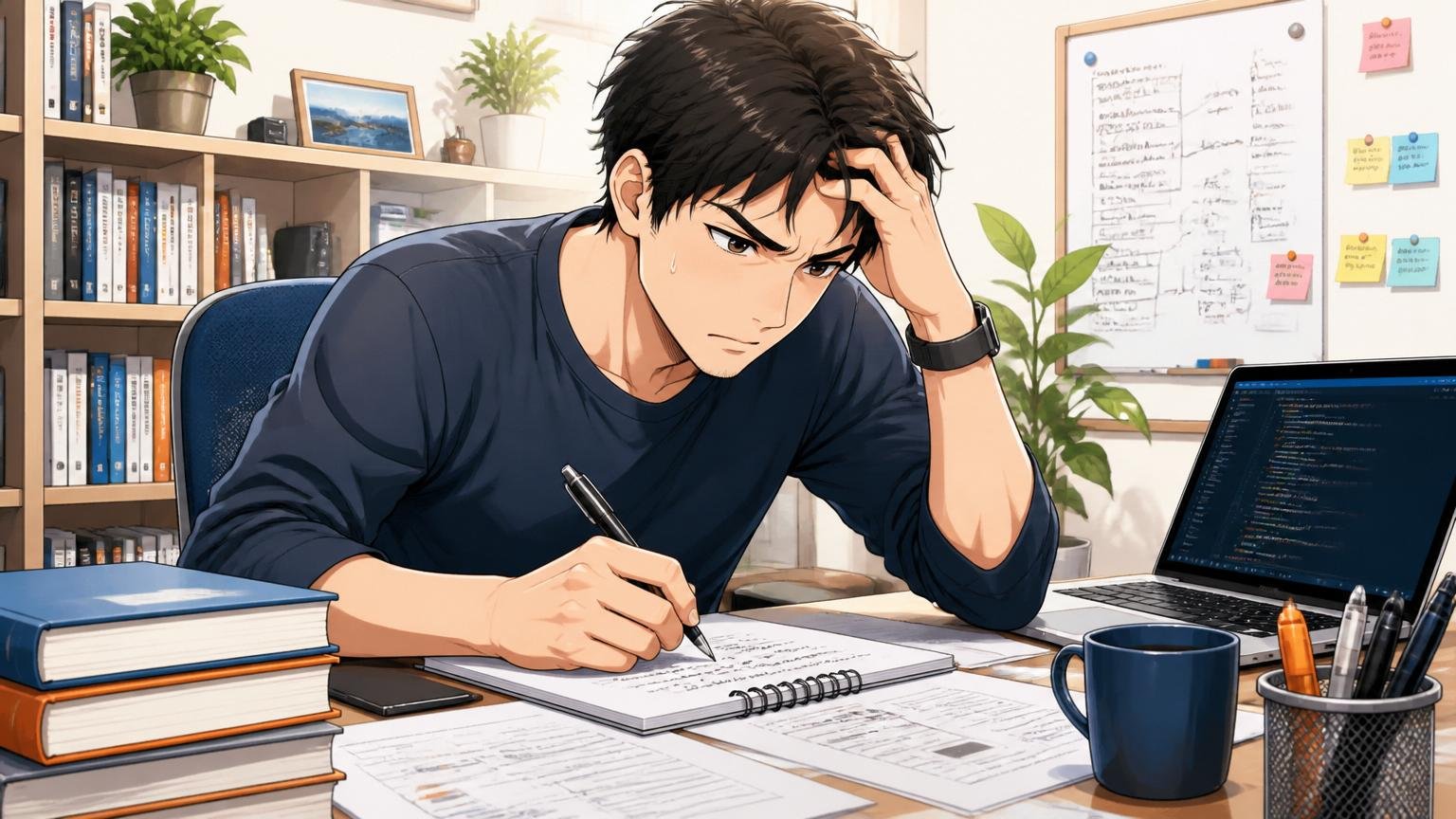 自宅のデスクで30代男性エンジニアが職務経歴書を書き直しながら悩む、ノートに書き込む真剣な表情