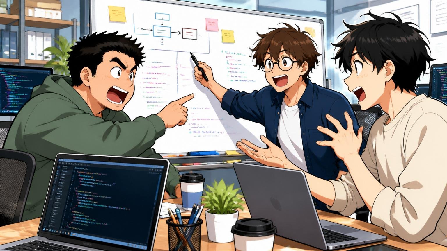 Web系スタートアップのオフィスで複数のITエンジニア3名が活発に技術ミーティングする様子