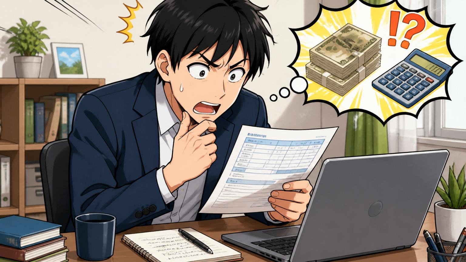 自宅のデスクで給与明細とノートPCを見比べながら年収を計算する若手社員1名