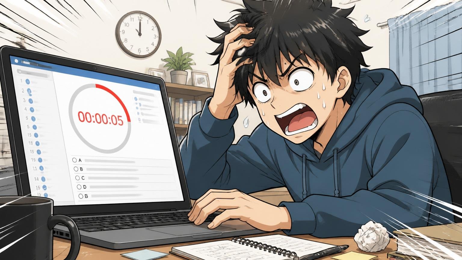 自宅のデスクでWebテスト画面を前にして時間切れに焦るエンジニアの様子