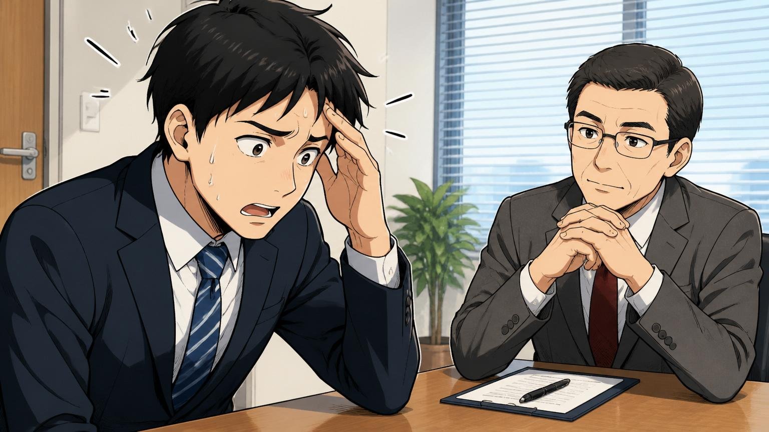 企業の会議室で面接 応募者が深掘り質問に詰まり額に汗をかきながら考え込む横で面接官が静かに観察