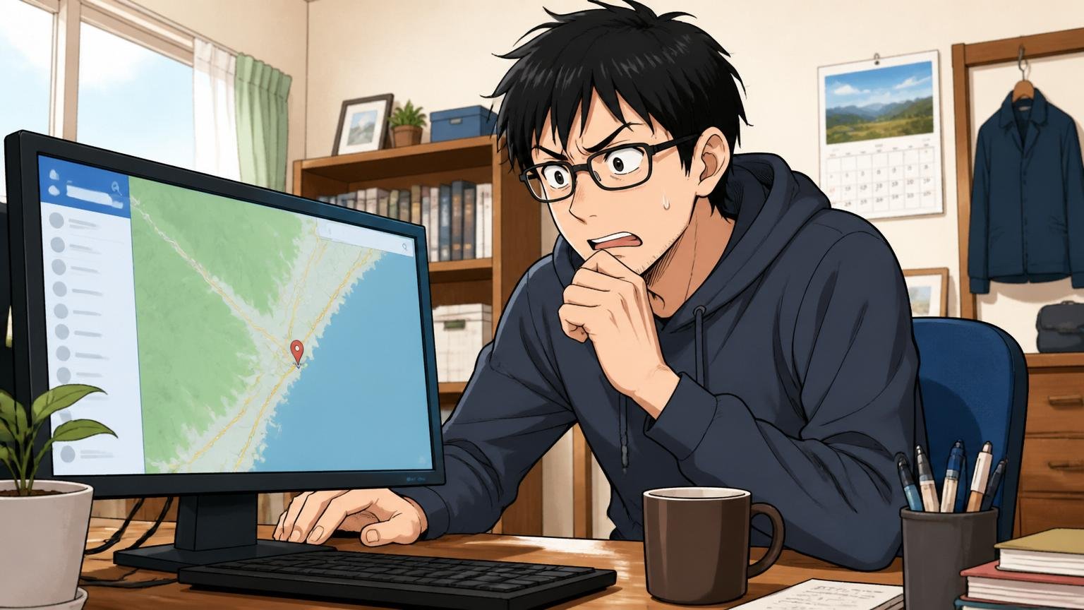 地方の自宅でPCの前に座る30代エンジニア、地図アプリで案件の所在地を確認して困惑する表情
