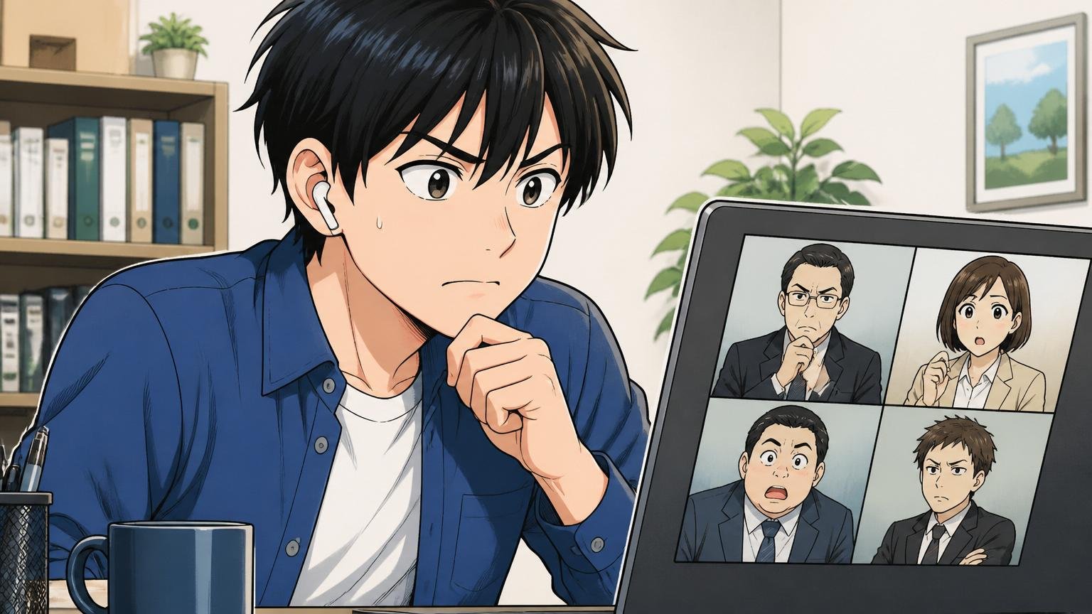オンライン面接の画面越しに視線を泳がせ口元を引き締めて回答する若手エンジニアの様子