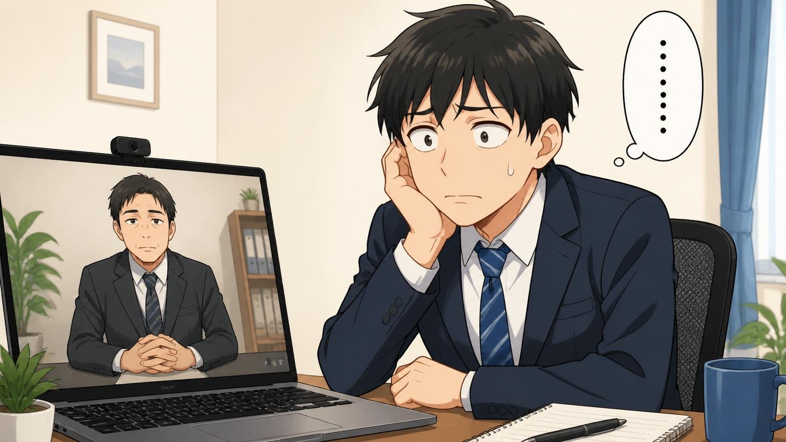 オンライン面接の画面で逆質問の時間を持て余す20代応募者と長い沈黙の場面