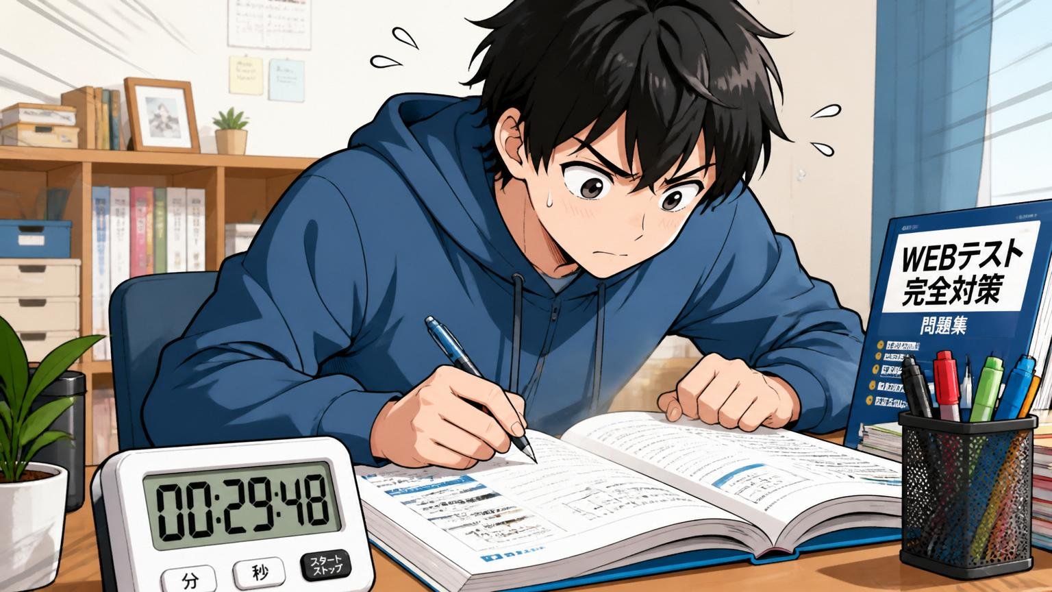 自宅でWebテストの参考書を開いて時間を計りながら問題を解く20代の就活生