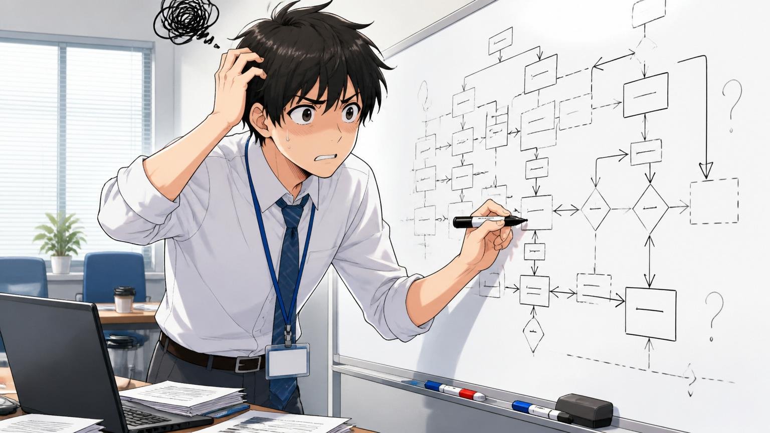 応募したポジションへの業務理解が浅かった。SIerの会議室でホワイトボードに業務フローを書き出して悩むエンジニア1人