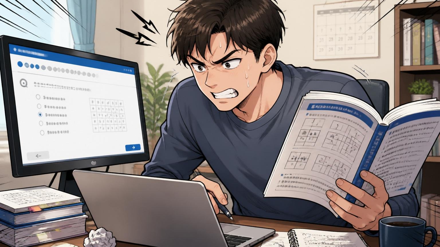 自宅のデスクで在宅勤務中の20代後半男性、Webテスト画面と問題集を交互に見比べて険しい表情