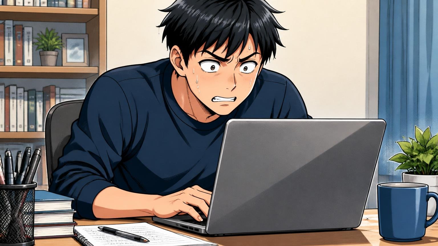 自宅のデスクでノートPCに向かいWebテストを受ける緊張した表情の男性転職者