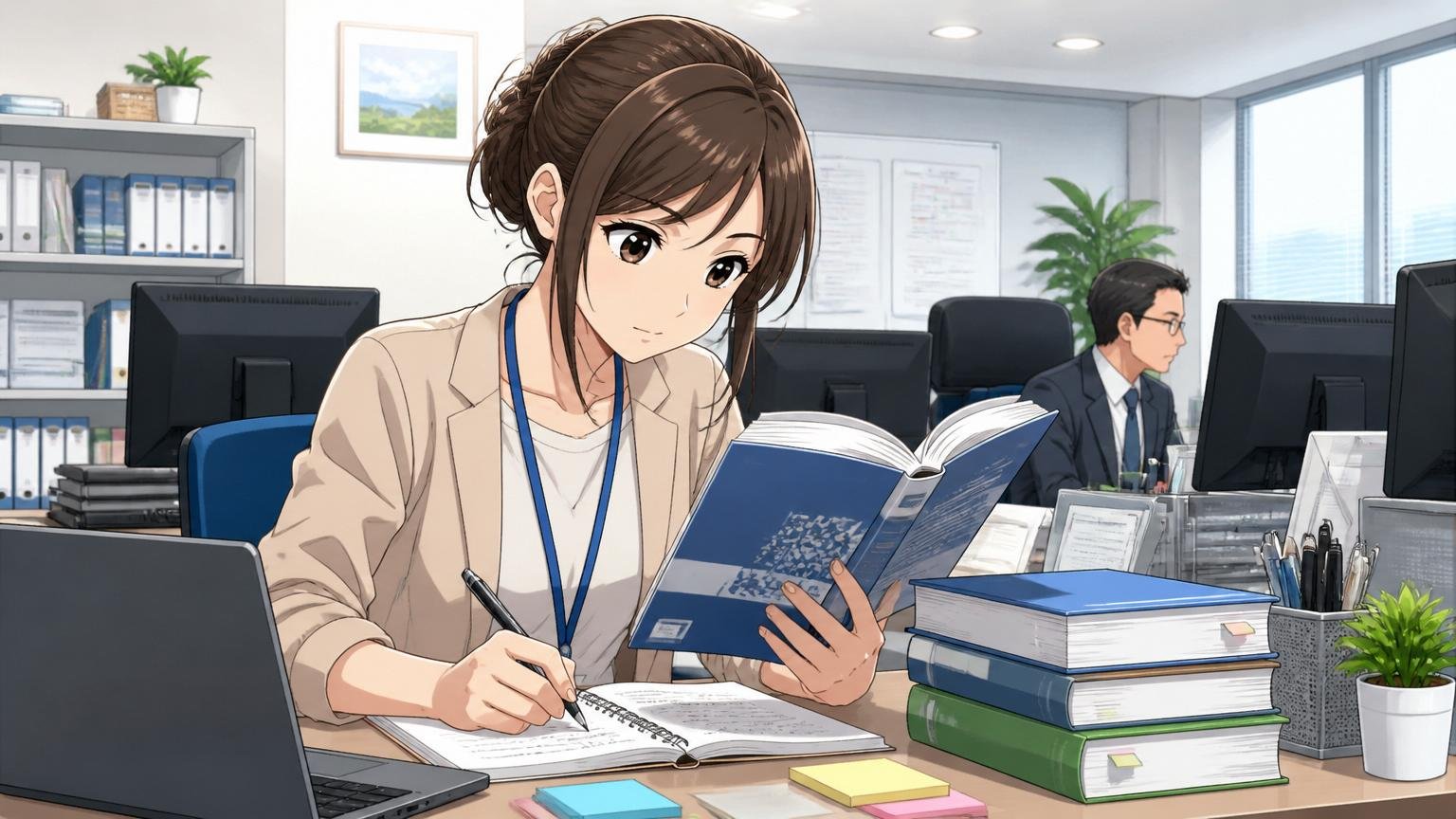 金融業界のオフィスで30代女性エンジニアが保険業界の専門書を読みながらノートに書き込んでいる