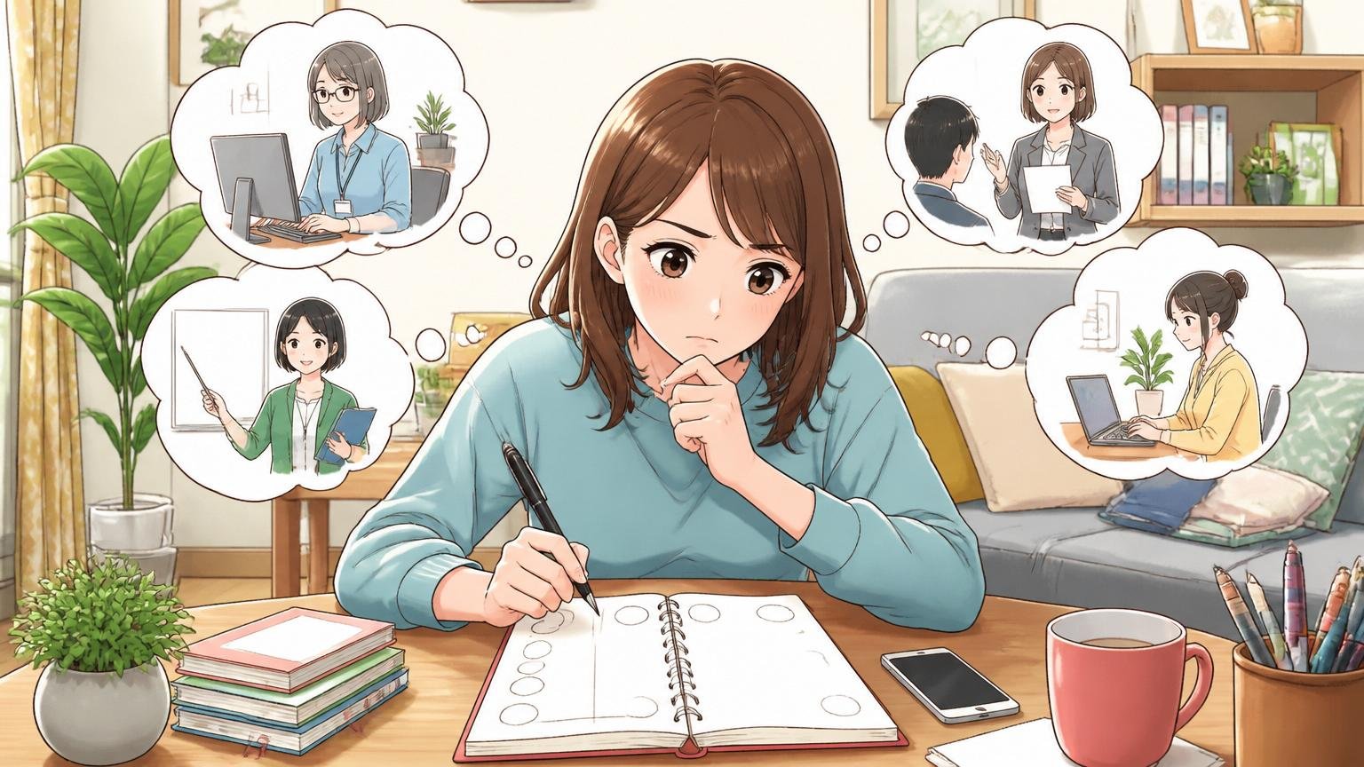 ノートに転職先候補を書き出す20代女性、自宅のリビング、選択肢の整理、1人