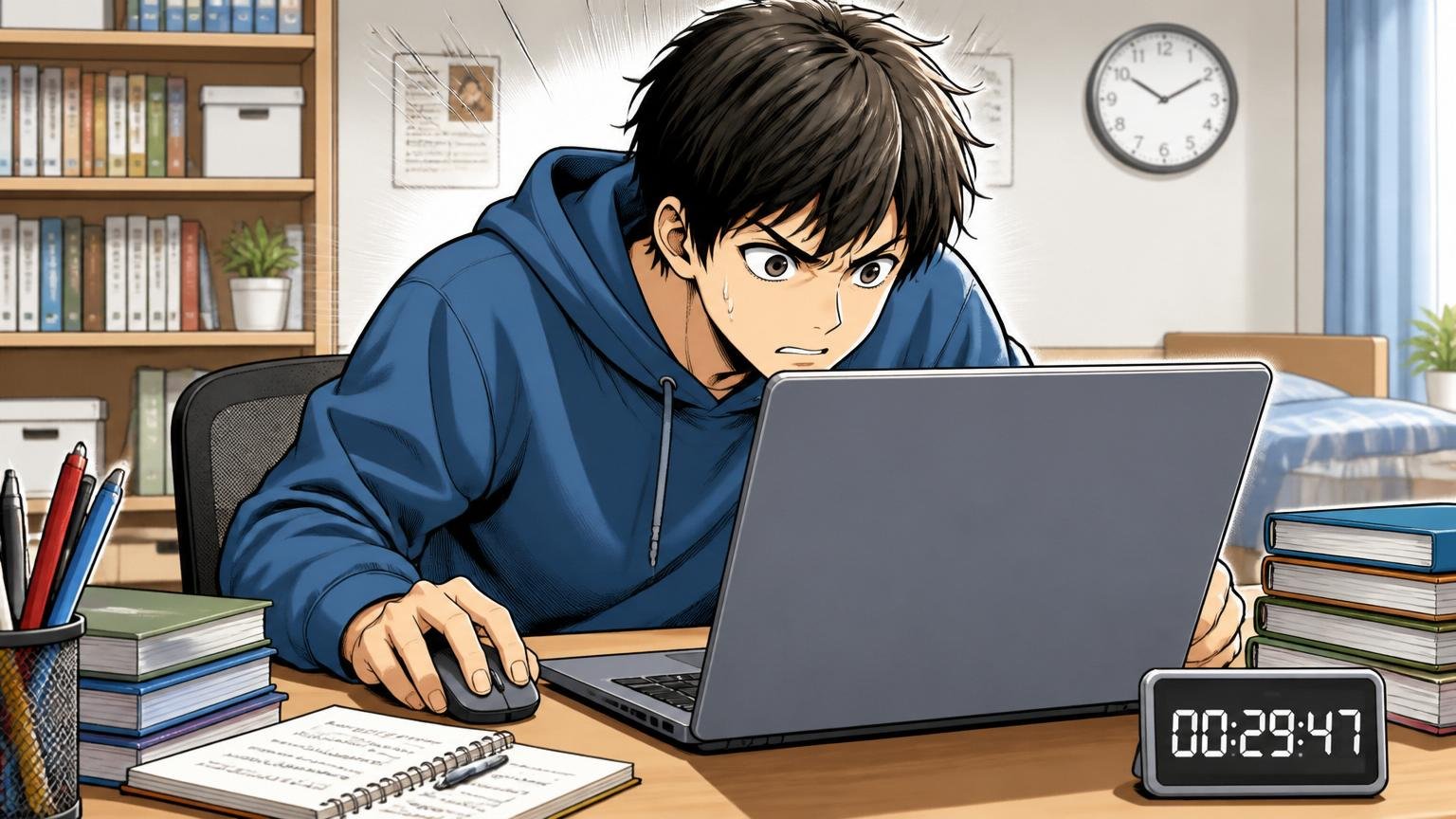 自宅のデスクで一人がノートPC画面に向かい時間制限のあるテストに集中する場面
