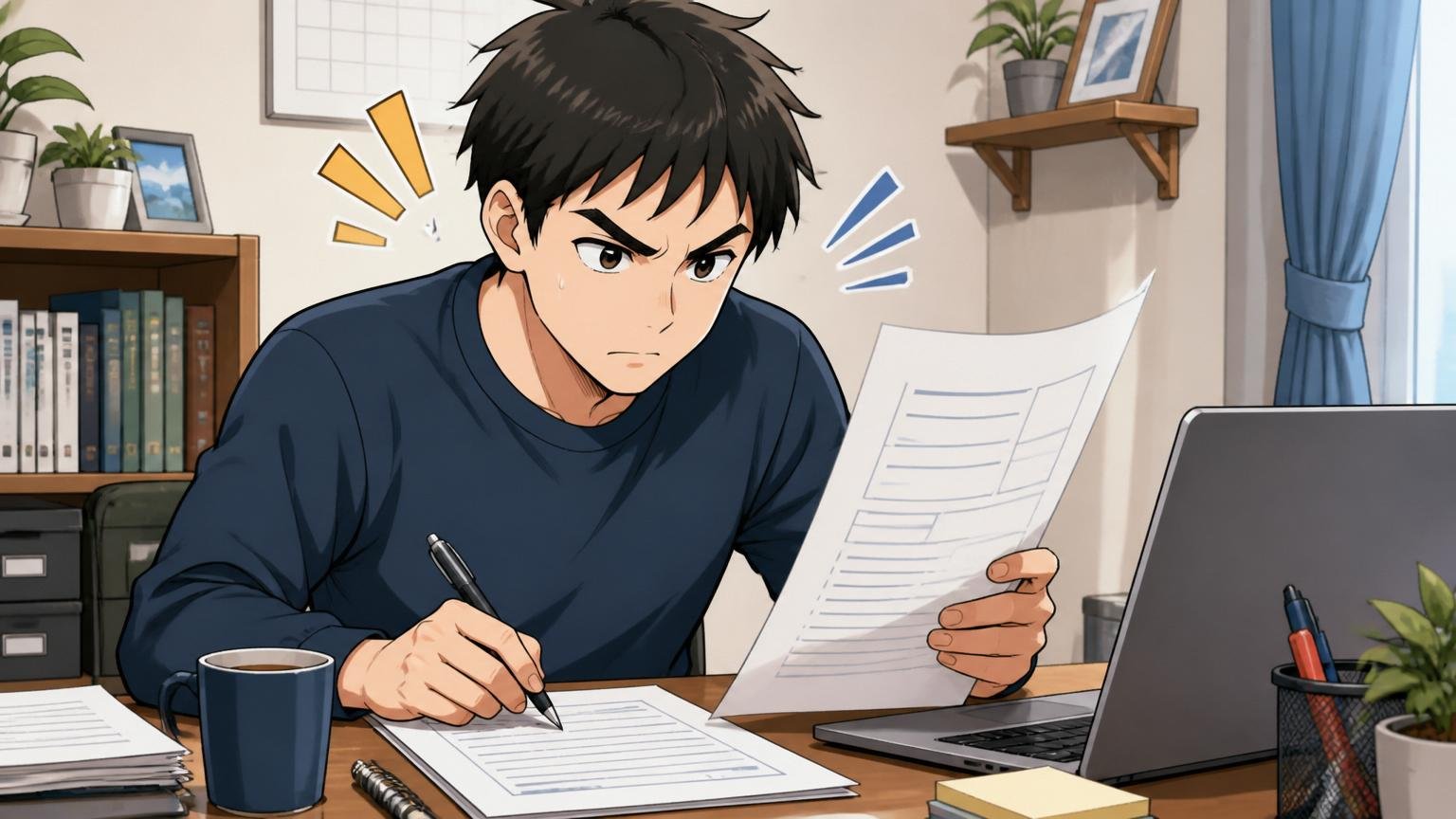 パターン②職務経歴書自己PRが経歴の羅列で終わっていた。自宅のデスクで30代男性エンジニア1人が職務経歴書を書き直している