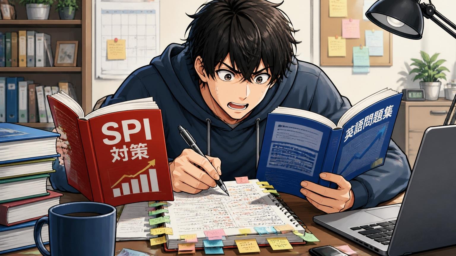 自宅のデスクで在宅勤務しながらSPI対策本と英語問題集を並行で解く20代男性エンジニア1人と付箋だらけのノート
