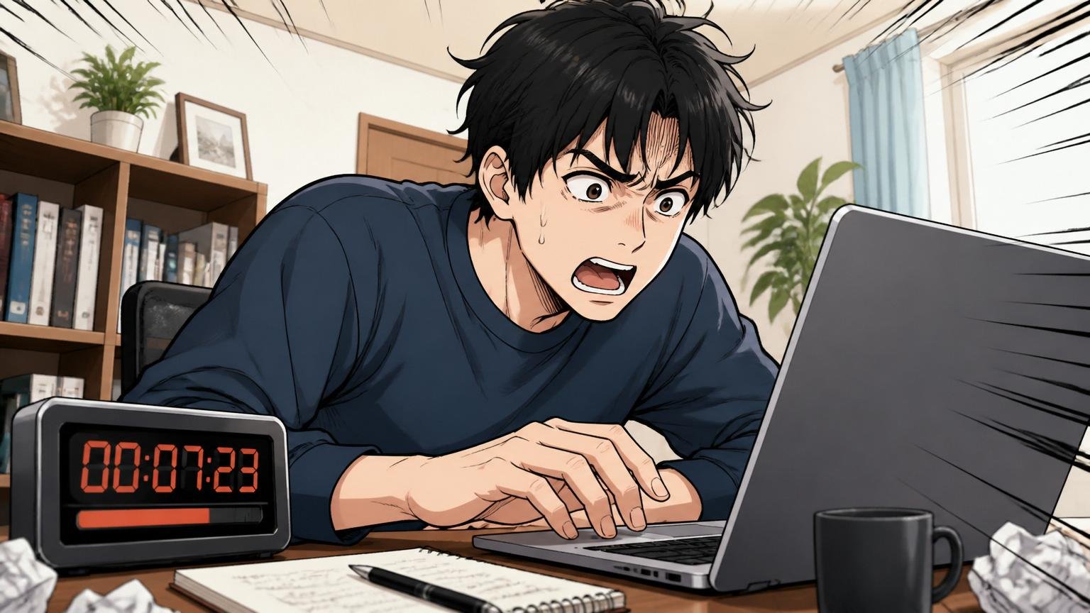 玉手箱（適性検査）で落ちた人の特徴。自宅のデスクで在宅勤務中の20代後半エンジニアが時間制限のあるオンラインテストに焦った表情で挑んでいる1人