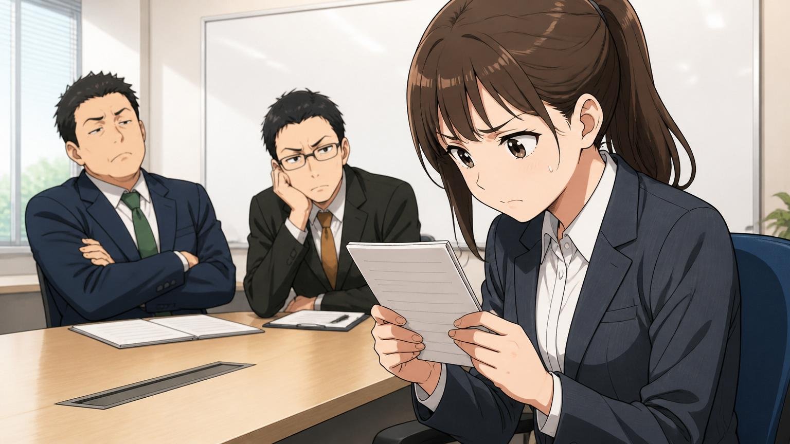 志望動機が他社でも通用する一般論で終わっている。会議室で面接、20代女性1人。手元のメモを見直す